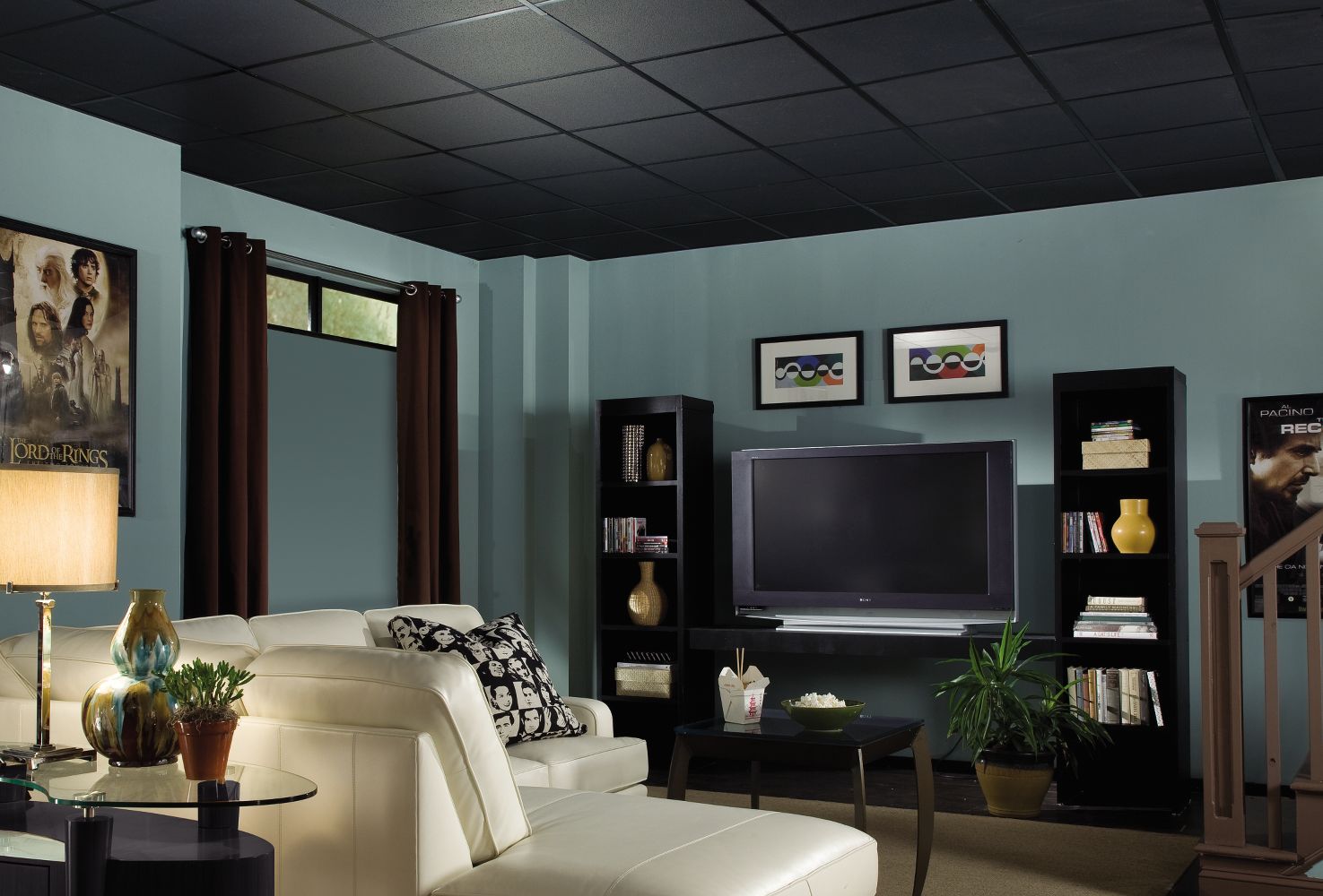 black ceiling living room